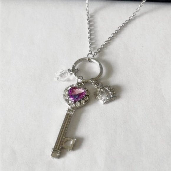 Silver Key Charm Necklace Purple Crystal - Picture 4 of 10